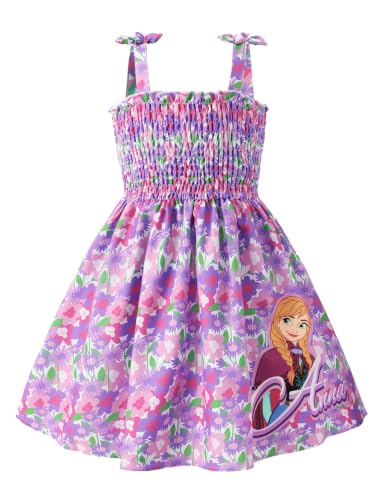 Image of Disney Princess Frozen Elsa Minnie Stitch Toddler Girl Dress Bow Tie Straps Smocked Summer Outfit Birthday Party Clothes 2-9Y