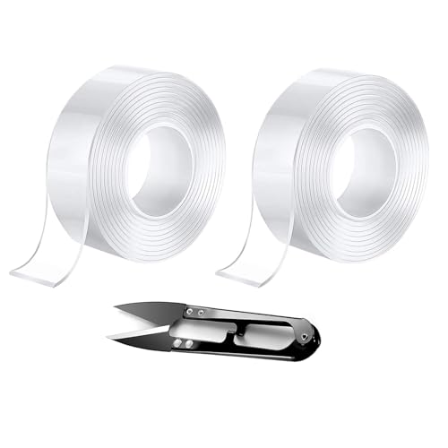 DuDuZui 2 Rotoli di Nastro Biadesivo 3mx3cm, Trasparente, Nastro Nano Rimovibile su Entrambi i Lati, per Pareti, Tappeti, Poster, Tenda Glide, Auto, con 1 Forbici Casuali
