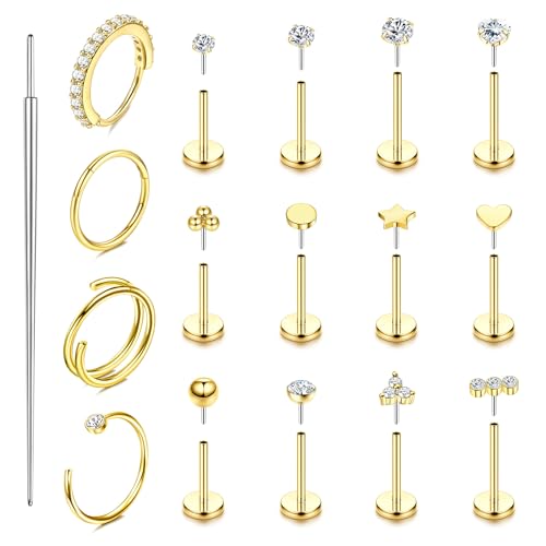 ORAZIO 14K Gold Filled Nose Rings Studs Hoops for Women Men 20G Hypoallergenic Surgical Steel Push in Threadless Flat Back Earrings CZ Helix Tragus Lip Cartilage Medusa Nostril Piercing Jewelry G1