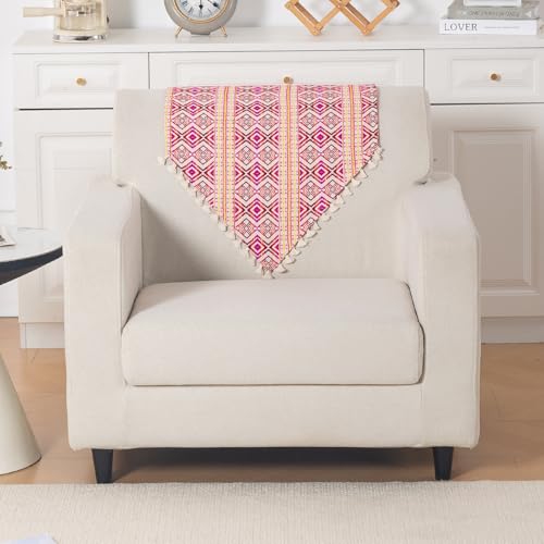 Image of HOKIPO Sofa Backrest Cover with Tassel | 300 GSM Thick Cotton Acrylic Jacquard Fabric Backrest Mat, Size 55x70 cm,'Trivana Series' Cherry Red (IN-932-J8)