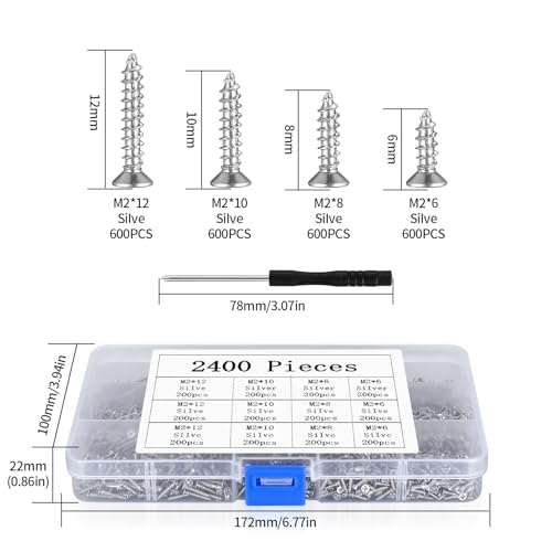 Small Self-Drilling Screws, 2400 Small Wood Screws, Phillips Screws, Flat Head Countersunk Self-Drilling Screws for Electronics DIY Woodworking - Silver - Image 2