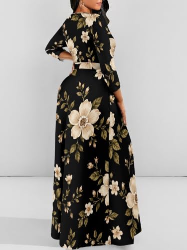 Image of Women Plus Size Long Sleeve V Neck Maxi Dress with Belt | Soft fabric relaxed fit three quarter sleeve v neck with pockets for party and daily wear