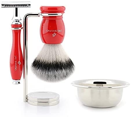 Dwosieczny zestaw do golenia ze srebrną szczotką ze sztucznych włosów, miską do golenia i stojakiem Jag Shaving