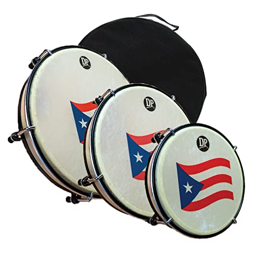 DP Music Set de Panderos - Wood Shell Frame Pleneras Drums with Puerto Rico Flag - Nylon Carrying...