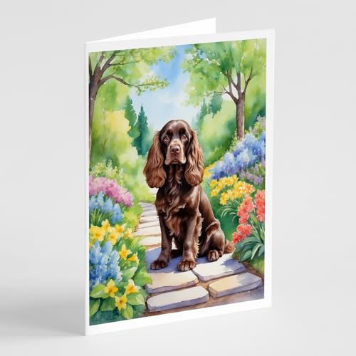 Caroline's Treasures Cocker Spaniel Spring Path Greeting Cards Pack of 8 Blank Cards with Envelopes Whimsical A7 Size 5x7 Blank Note Cards
