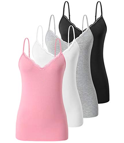 Vislivin Lot de 4 débardeurs unis en dentelle pour femme avec col en V réglable, Lot de 4 - noir/gris/blanc/rose, S