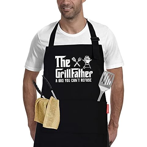 APRONPANDA The Grill Father - BBQ Cooking Apron for Men, Funny Kitchen Apron with Pockets, Christmas Gifts for Men, Husband, Dad, Grandad Birthday Gifts Cover