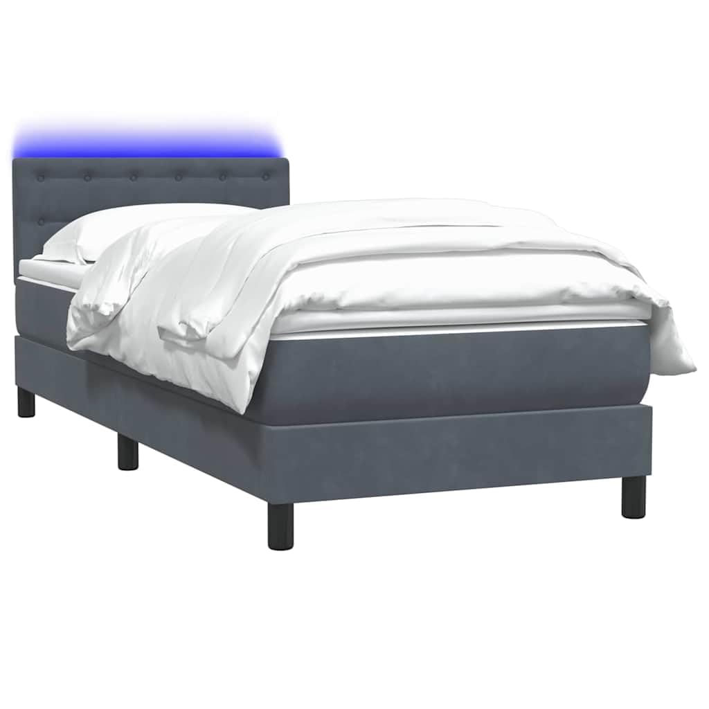 Aksamitny z materacem sprężynowym LED 80x210 cm Szary | Łóżko kontynentalne 80x210 z materacem kieszeniowym, LED i zagłówkiem, ciemnoszary aksamit, nowoczesne do sypialni
