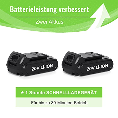 Foto von Akku Laubbläser, Bigzzia 20V Akku Gebläse mit 2 Stück 2,0 Ah Akku und Ladegerät,Laubbläser 2-Gang Geschwindigkeit Luftstrom 209CFM für Gartenlaub