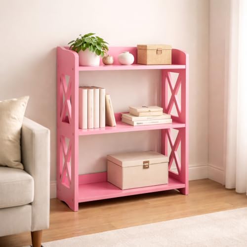 Image of Pink Bookcase by Natural Wood, 3 Tier Bookshelf, Small Book Shelves Freestanding Display Storage Shelves. Open Bookshelf for Bedroom, Living Room and Office (Pink, 3 Tier)