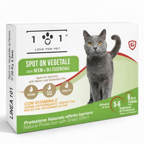 Spot On Antipulci Gatto Naturale 6 Fiale da 0,5ml Antiparassitario Per Gatti Contro Pulci Zecche e Zanzare, Protezione Naturale Pipette Antiparassitario Gatti Adulti Facile Applicazione Lunga Durata