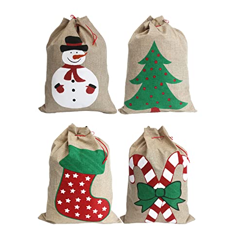 Lot de 4 (Moyen 35 x 50 cm) Sacs à Cordon de Noël pour Cadeaux de Noël, 4 Motifs. Bonhomme De Neige, Arbre, Bottes, Canne Cover