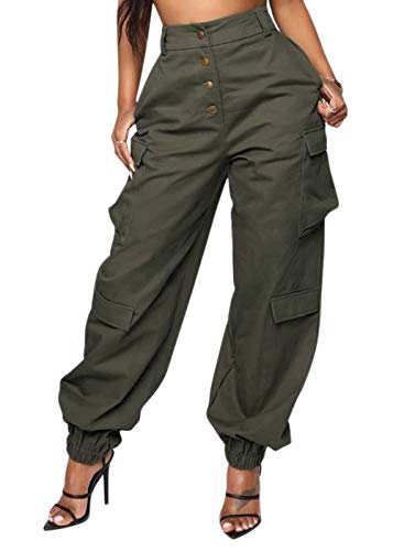 Dressmecb women's casual loose elastic button down cargo pants tr…