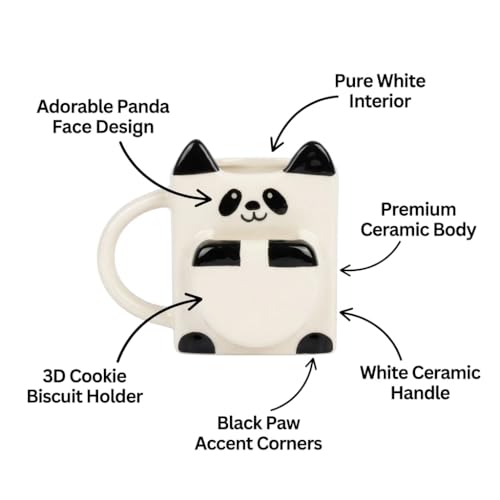 Image of Ceramic Panda Mug Set of 2 with 3D Cookie Biscuit Tea Bag Holder |Coffee Mug Pair | Cute Panda Cup Set | Tea Mug Gift for Couples Best Friends | 240 ml Each | Microwave & Dishwasher Safe