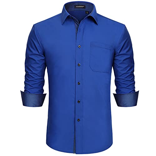 Camisa de Vestir Azul Real Formal de Manga Larga Botón Abajo Trabajo de Rayas Marrones Cuello Floral Camisas de Ajuste Regular XL