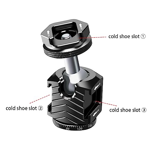 Mini Ball Head With 3 Cold Shoe Slots And 1/4” Thread Mount, 3Kg/6.6Lbs Load, 360 Degree Swivel, Aluminium Alloy Build, For Monitors, Cameras, Video Lights, Tripods #TOP3