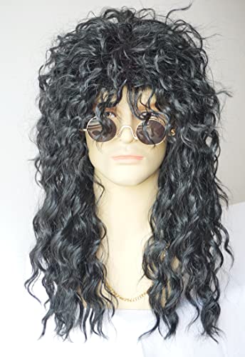 Men's Curly Black wig, Rocker Hair Wig for mens costume wig synthetic wig for 80's men costume wig for men (Black curly)