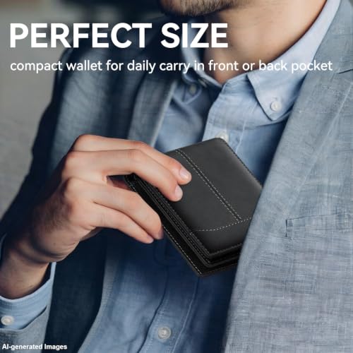 Image of furid Top Grain Leather Wallet Men: RFID Minimalist Bifold Credit Card Holder with 2 ID Windows - Slim Front Pocket Wallets for Men - Gifts for Husband Father on Anniversary Birthday