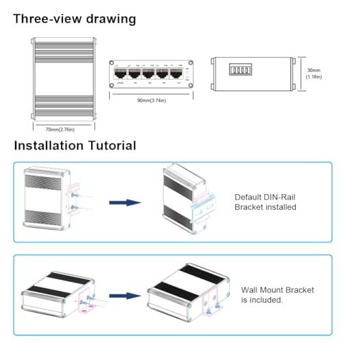 Image of Mini Industrial 5 Ports Gigabit PoE Switch Hardened 5 Port RJ45 10 /100 /1000Mbps 802.3at Ethernet Switch Din Rail Mount PoE+ Switch (-40 to 167 ºF) 10Gbps Switching Capacity