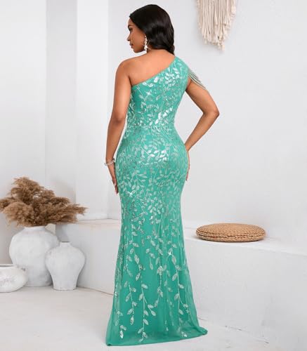 Image of Cololura Women Sequin Elegant Sexy One Shoulder Tassel Mermaid Bodycon Cocktail Evening Dress