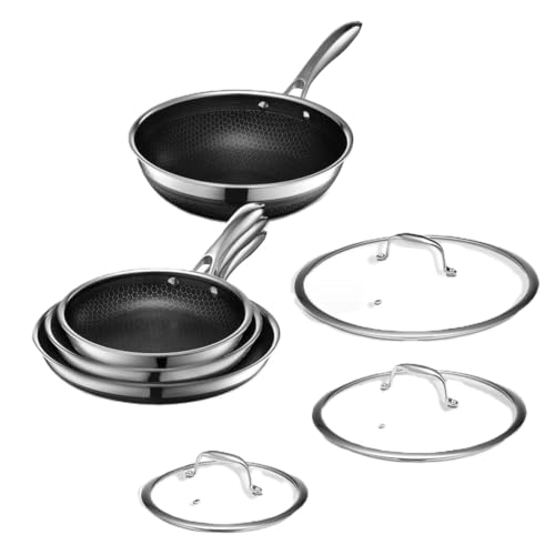 HexClad 7-teiliges Hybrid-Edelstahl-Kochgeschirr-Set mit Deckel und Wok - Metallbesteck und...