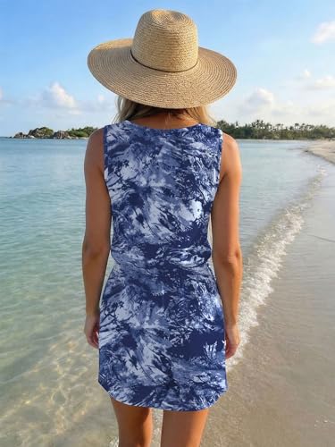 Image of SAUKOLE Womens Summer Causal Loose Sleeveless Crew Neck Drawstring Waist Mini Short Dress with Pockets