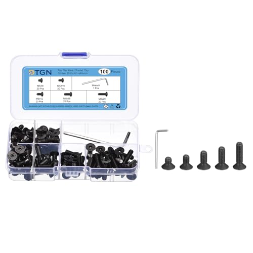 Image of DTGN 100Pcs M5 x 8mm /10mm /12mm /16mm /20mm Flat Head Hex Socket Cap Screws Bolts Kit with Wrench, Carbon Steel Black Oxide, Full Thread, Countersunk Bolts