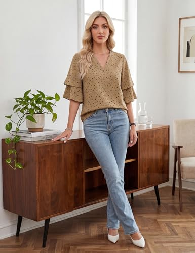 Blooming Jelly Womens Dressy Casual Blouse 3/4 Length Flutter Sleeve Polka Dot Tops Ladies V Neck Business Trendy Summer 2026 Work Shirt (Large, Khaki) — view 5