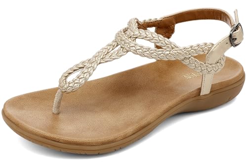 Image of UBFEN Womens Flat Sandals Dress Braided T-Strap Thong Sandals with Arch Support Comfortable for Walking