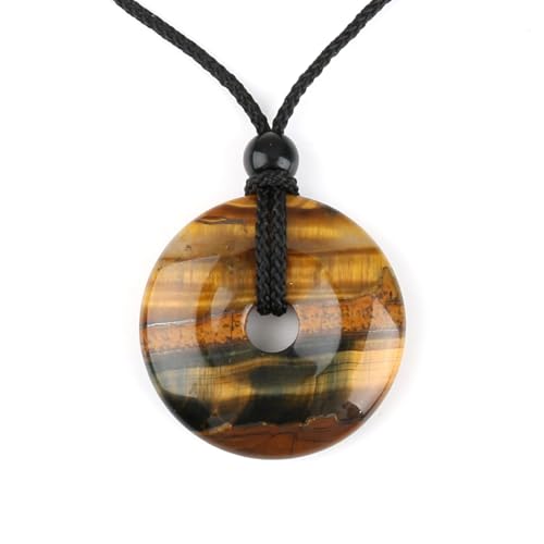 THKO Colgante de piedra preciosa ojo de tigre, donut de 30 mm, cinta de algodón, piedra natural, elegante collar para hombre y mujer