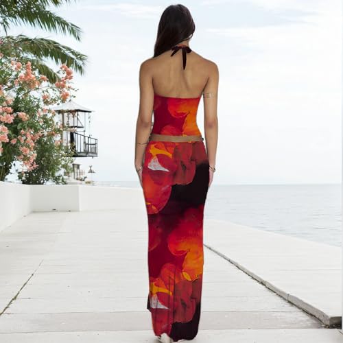Image of Women High Stretchy Adjustable Strap Backless Floral Two Piece Maxi Skirt Set Summer Outfits 2026