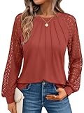 AUTOMET Womens Long Sleeve Shirts Lace Tops Business Casual Blouses 2025 Fall Fashion Teacher Outfits Trendy Clothes Knit T Y2k Ladies Dressy Work Professional Clothing Orange L