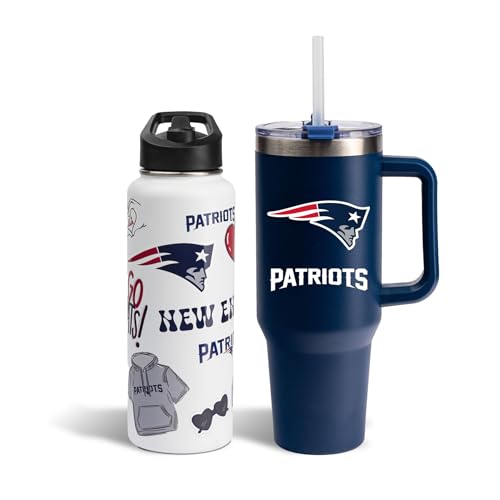The Memory Company Officially Licensed 34oz Team Spirit Water Bottle and 46oz Game Day Tumbler with Straw Set, New England Patriots