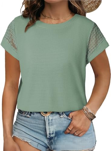 Image of Eytino Plus Size Tops for Women Waffle Knit T-Shirts Round Neck Short Sleeve Casual Loose Basic Tee Blouses(1X-5X)