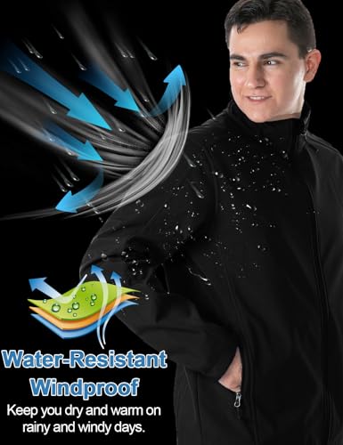 Image of Yasumond Mens Windbreaker Softshell Jacket Fleece Lined Full Zip with Stand-Up Collar Coat Waterproof Lightweight Outdoor Casual Track Jacket for Hiking Fishing Golf Black L