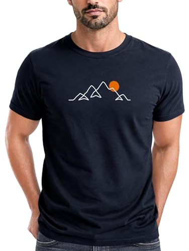 Neverless® Herren T-Shirt Frontprint Line-Art Berge Wandern Natur Outdoor Fashion Streetstyle Navy L