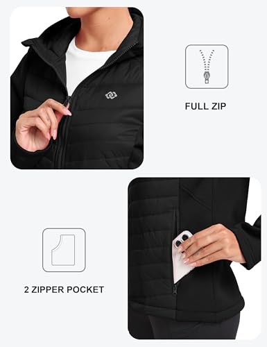 Image of MoFiz Womens Fleece Lined Softshell Jacket Hooded Lightweight Insulated Puffer Hybrid Down Jacket Full Zip Running Coat