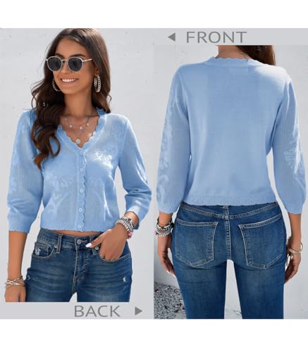 Image of Women Crop Cardigan Sweaters Lightweight 3 /4 Sleeve Button Up Crochet Shrug | Textured Bolero For Dresses Dressy Casual, V Neck, Ladies Eyelet Shawl Thin Trendy