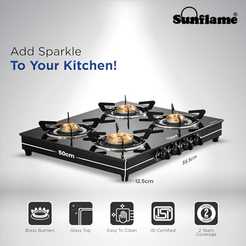 Image of Sunflame Granito 4 Burner Gas Stove | 1 Jumbo, 1 Medium and 2 Small Brass Burners | 2 Years Product Coverage by Sunflame | Granite Finish Glass Top | Easy to Maintain | PAN India Presence| Black