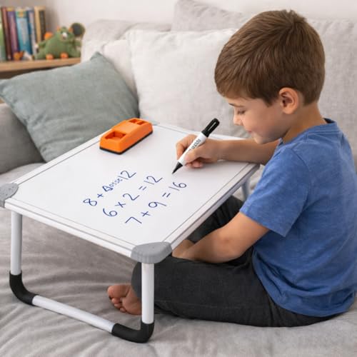 Image of YAJNAS Writable Whiteboard & Laptop Table | Portable Study Desk & Lap Desk for Bed with Laptop Support | Foldable Lap Bed Table, Ideal for Home & Office Presentation - (15 x 23, White)