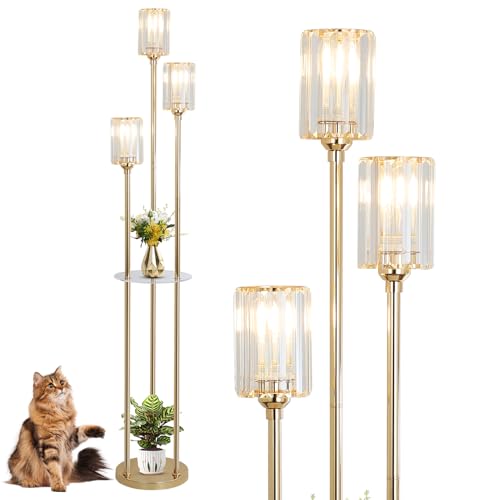 HMVPL Gold Floor Lamps for Living Room, Modern Floor Lamp with Shelves, Crystal Standing Lamps with Table, Brass Tall Lamp with Crystal Shade, On/Off Switch, Mid Century Corner Floor Lamp for Bedroom