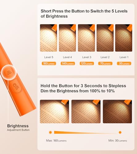 Gritin Book Light, Rechargeable Neck Light for Reading - 4-Color&5-Brightness,Bendable Arms,30-min Timer,80+ Hrs Runtime,Neck Curve Fit Ergonomic Design, Comfortable for Camping,Repairing etc-Orange