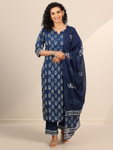 Image of Libas Printed Cotton Straight Kurta With Trouser and Dupatta