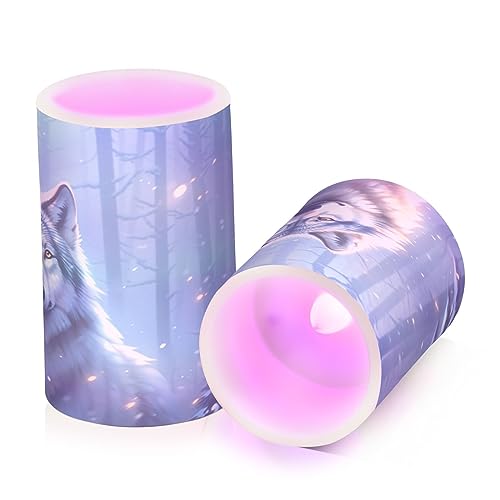Image of Flickering Flameless Candles, Wolf Winter Forest LED Candles with Remote Timer, Set of 2 Battery Operated Candle for Valentine Wedding Birthday