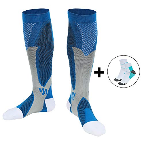 Compressione calze Sport compressione per uomini e donne calze Set, linckia Trekking calzini calze/escursione/corsa calze/Calze di sostegno (20 – 30 mmHg) per correre, Viaggi aerei, ciclismo e fitness, blu, XXL