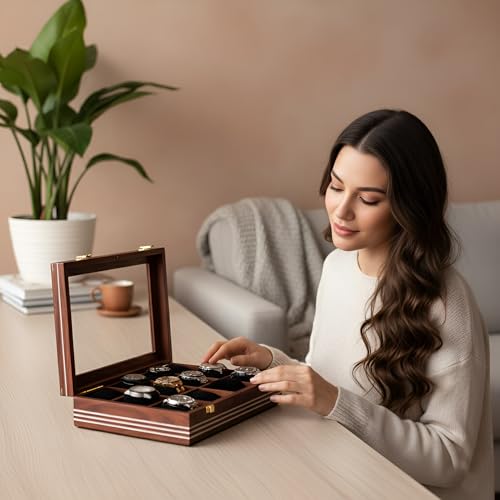 Image of Vintage Wooden Watch Box for Men, Timepiece Storage & Organizer, Watch Display Case, Jewelry Box for Women, Anniversary Gift for Husband (12 Grooves Lining WDB (Rosewood))