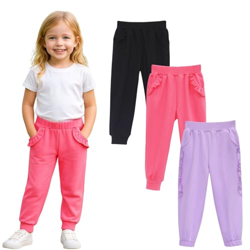 HILEELANG Toddler Girls' Jogger Pants 3-Pack Pull on Cotton French Terry Solid Ruffle Pocket SweatPants12M-7Y, 25f602#rufflelegpurple3, 7 Years