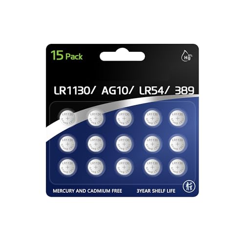 HoootCell AG10 Battery LR1130 Battery L1131f Batteries SR1130 L1131c 389/390 G10 LR54 1.5 Volt Alkaline Button Cell (15 Count)