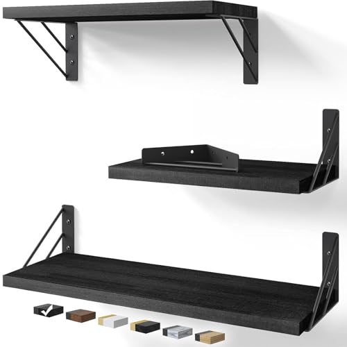 Image of BAYKA Wall Shelves for Bedroom Decor, Floating Wall Shelves for Living Room Kitchen Storage, Wall Mounted Rustic Wood Floating Shelves for Kids Books, Small Shelf for Bathroom, Office(Set of 3)