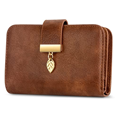 Faneam Ladies Purse RFID Blocking Leather Wallet Womens Small Purse Ladies Bifold Purse Credit Card Wallet with Wrist Strap 1 Zip Coin Pocket 14 Card Slots Exquisite Box (Vintage Coffee)